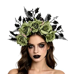 Detail of gothic Halloween headband with green roses and black leaves for cosplay party