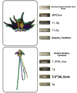 Details von Mardi Gras Pailletten-Federarmband und Stab mit Größen- und Gewichtswerten