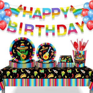 Vibrant Mexican Cinco de Mayo party decoration set with colorful tablecloth and tableware