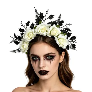 Gothic Halloween headband featuring elegant white roses and black leaves shown on model