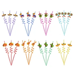 Set of 24 Mexican Fiesta Cinco de Mayo spiral party straws with colorful decorations