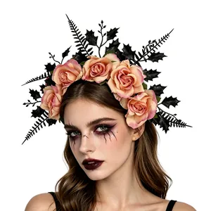 Detail view of a Gothic rose headband with black leaves worn for Halloween cosplay