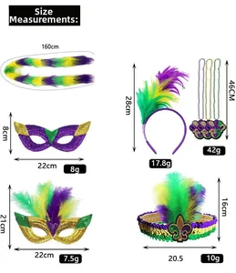 Detaillierte Maße für das Mardi Gras Zubehörset inklusive Masken, Stirnband und Federboa.