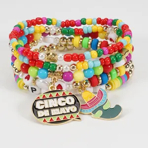 Detailed view of colorful Cinco de Mayo beaded bracelet set with festive charms