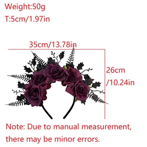 Close-up of dark purple rose headband with black leaves and dimensions for Halloween.