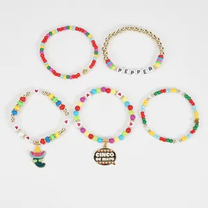 Cinco de Mayo Mexican festival party beaded bracelets set with colorful pepper charm