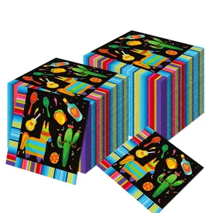 Detail view of Mexican Cinco de Mayo napkins featuring vibrant pinata and cactus designs.