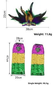 Mardi Gras Federstirnband und Pailletten-Armstulpen mit Abmessungen und Gewichtsinfo