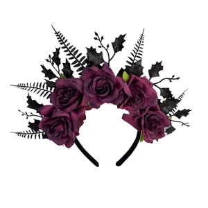 Dark Gothic Rose Halloween Headband with Black Foliage for Cosplay Party