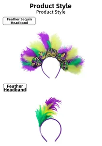 Mardi Gras Feder-Stirnband-Stile in Lila, Grün und Gold für Party-Kostüme und Events.