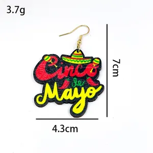 Detailed view of Cinco de Mayo wooden drop earrings with size and weight measurements