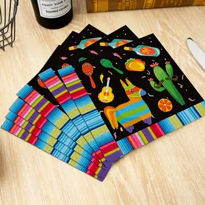 Mexican Cinco de Mayo party napkins featuring colorful cactus and piñata illustrations
