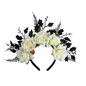 Macro view of Gothic Halloween headband with white roses and black foliage decor
