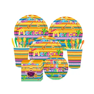Vajilla Desechable de Fiesta Mexicana Cinco De Mayo Rayas de Arco Iris Plato de Papel Servilleta Vaso Mantel Decoración de Fiesta Suministros de Celebración
