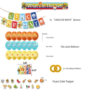 Comprehensive Cinco de Mayo party kit with colorful banner, balloons, and cake toppers.