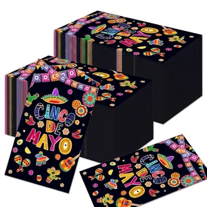 Detailed view of Cinco de Mayo themed disposable black paper napkins with colorful prints