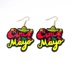 Detailed view of wooden Cinco de Mayo earrings featuring festive Mexican holiday patterns