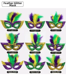 Sammlung von Mardi Gras Paillettenmasken mit Federn in neun verschiedenen Farbausführungen