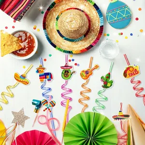 24Pcs Mexican Cinco de Mayo party straws with sombrero taco cactus decorations