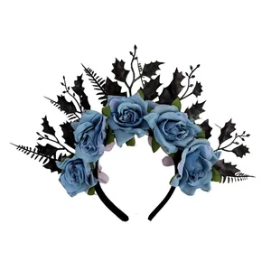 Gothic Halloween blue rose headband with black leaves for cosplay and costume ball