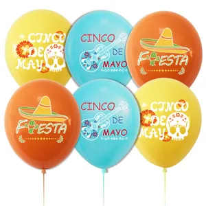 Close-up detail of colorful Cinco de Mayo party balloons featuring festive Mexican fiesta prints