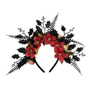 Detail view of dark gothic Halloween headband with red roses and black leaves ornament