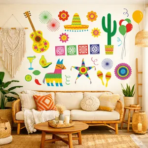 Pegatinas de pared coloridas para fiesta mexicana Cinco de Mayo en una sala de estar boho