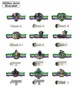 Zwölf verschiedene Mardi Gras Pailletten Armbänder in den Farben Lila Grün und Gold