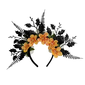 Halloween gothic headband with orange flowers and black leaves for cosplay party