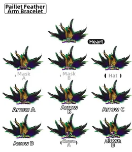 Detailansicht von 11 Mardi Gras Pailletten-Federarmbändern in Violett, Grün und Gold.