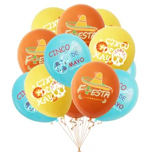 Close-up of colorful Cinco de Mayo balloons featuring Fiesta and Mexican cultural patterns