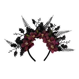 Detailed view of Gothic Halloween headband with dark burgundy flowers and black leaves