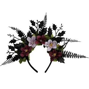 Gothic Halloween headband featuring dark roses and detailed black artificial leaves.