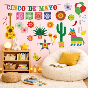 Pegatinas de Pared Mexicanas Cinco De Mayo de PVC Impermeable Guitarra Cactus Sombrero Pinata para Sala de Estar Fiesta