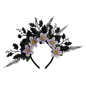 Gothic Halloween headband featuring detailed purple flowers and decorative black leaves.
