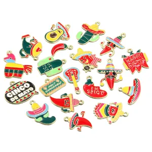 Set of 19 colorful Mexican Fiesta enamel charms featuring chili and avocado designs.