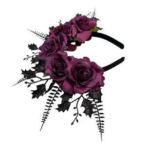 Detailed view of Gothic Halloween headband with dark purple roses and black leaves