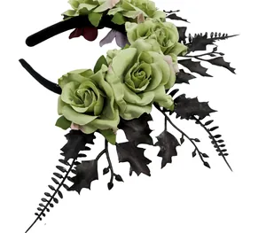 Detailed view of Gothic Halloween headband with sage green roses and jagged black leaves