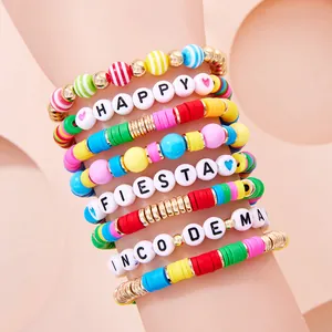 Close-up of Cinco de Mayo bracelet set with colorful beads and festive letter beads.