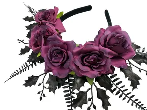 Detail view of dark purple roses and black leaves on Halloween gothic floral headband