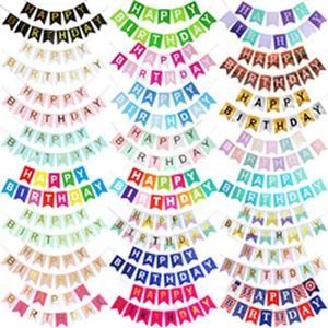Collection of colorful Happy Birthday banners in various styles for party room decorations