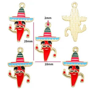 Detailed view of Mexican fiesta enamel chili charms with 29mm x 18mm size measurements