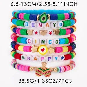 Close-up of Cinco de Mayo bracelet set with colorful clay beads and festive charms.