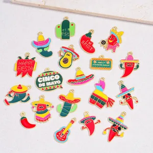 Enamel Mexican Fiesta charms set including 19 colorful chili, cactus, and guitar designs for DIY.
