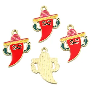 Detailed view of Mexican sombrero chili pepper enamel charms showing front and back
