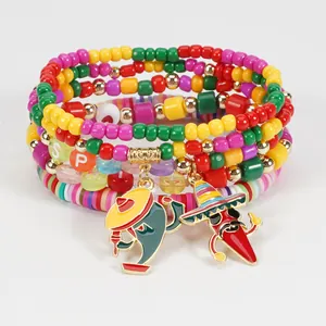 Vibrant Cinco de Mayo colorful beaded bracelet set with festive Mexican chili charms