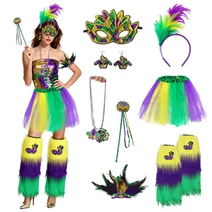 Set completo costume carnevale Mardi Gras con paillette oro viola verde e maschera