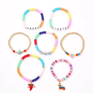 Detailed view of Mexican carnival bracelet set with colorful clay beads and charms
