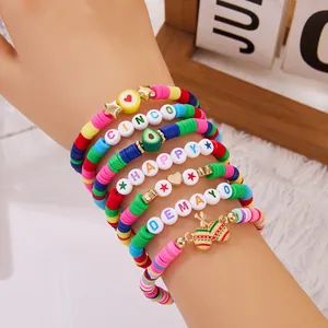 Detail of Cinco de Mayo colorful clay bead bracelets with festive charms