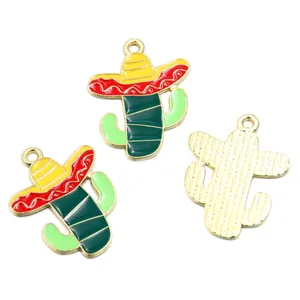 Detailed view of colorful enamel Mexican cactus charms with sombreros for DIY jewelry making